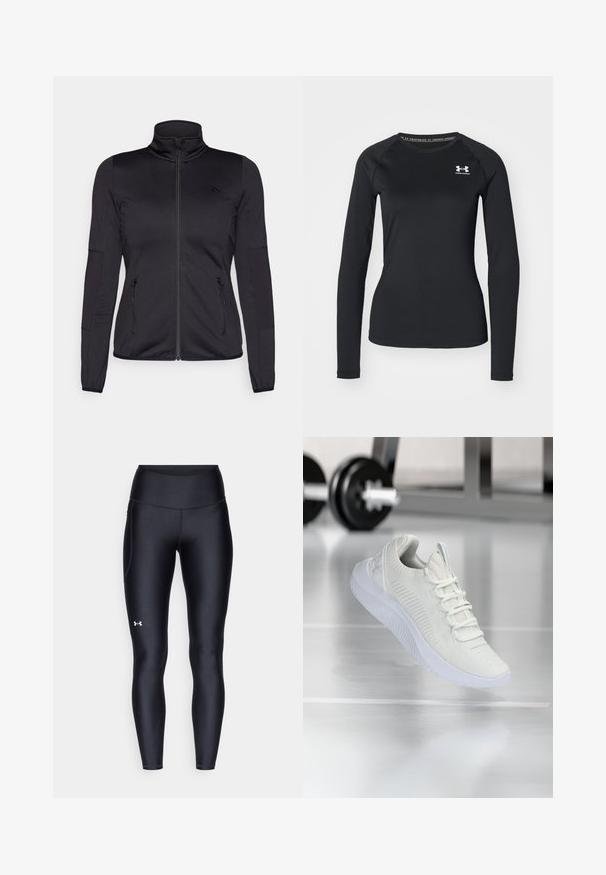 Svart zip-up jakke med høy krage, laget av glatt, elastisk stoff, med to glidelås-lommer foran og teksturerte ermer.; Svart langermet treningsskjorte laget av glatt stoff, med rund hals og en liten hvit logo på venstre bryst.; Sorte leggings laget av glatt, elastisk materiale med høy midje. Har en hvit logo på venstre lår og en tettsittende design.; Hvit atletisk sneaker med et teksturert mesh-overdel og snøring, med en polstret hvit såle og subtile ribbede detaljer.