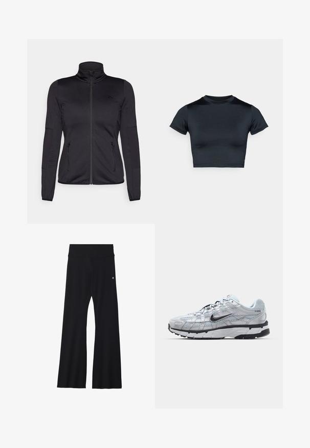 Czarna kurtka na zamek z wysokim kołnierzem, wykonana z gładkiego, elastycznego materiału, posiadająca dwie kieszenie z przodu na zamek oraz fakturowane rękawy.; Czarna krótka koszulka z krótkim rękawem, wykonana z gładkiej tkaniny. Posiada okrągły dekolt i minimalne przeszycia przy dolnym brzegu.; Czarne, rozszerzane spodnie do jogi z elastycznego materiału, z szerokim pasem i małym logo w pobliżu biodra. Gładka tekstura, bez wzorów.; Nike P-6000 sneakers z jasnoszarym siateczkowym wierzchem, czarnymi akcentami i trwałą czarną gumową podeszwą. Charakteryzują się skomplikowanym wzornictwem i systemem sznurowania.