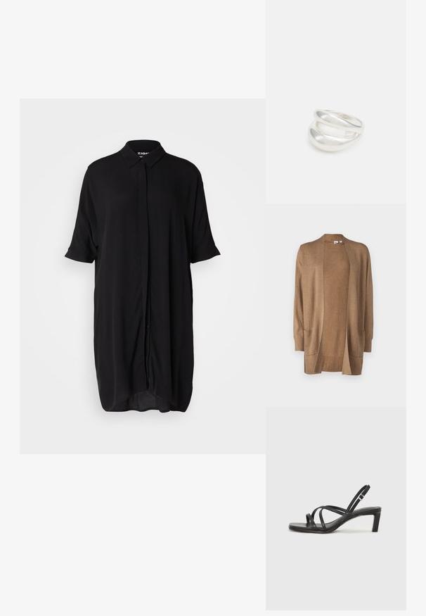 GAP BELLA jasnoszary; Czarna, krótko rękawowa sukienka koszulowa wykonana z lekkiego materiału. Posiada kołnierzyk, zapięcie na guziki z przodu oraz luźną, wydłużoną sylwetkę.; Czarne sandały na obcasie z prostokątnym noskiem i niskim słupkowym obcasem. Posiadają wiele cienkich pasków i regulowany pasek na kostkę. Wykonane z gładkiej skóry.; Czarna skórzana torebka typu crossbody z gładką teksturą, prostokątnym kształtem oraz metalowym detalem w postaci łańcuszka z przodu. W zestawie regulowany pasek.; Srebrna obrączka podwójna z gładką, polerowaną powierzchnią. Posiada płynny, zakrzywiony kształt z nakładającymi się sekcjami, co nadaje nowoczesny wygląd.