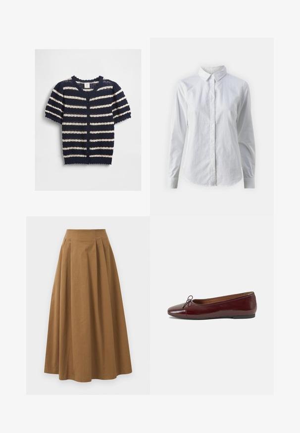 Cardigan à rayures bleu marine et crème à manches courtes, fabriqué en matériau en tricot texturé, avec un ourlet en forme de coquille et une fermeture à boutons.; Chemise blanche à manches longues en coton lisse, dotée d'un col classique et d'un ourlet arrondi. Les boutons sont petits et blancs.; Jupe A-line en coton brun avec taille haute, dotée de plis sur le devant et d'une texture lisse. Les finitions de l'ourlet sont nettes et simples.; Ballerines en cuir verni bordeaux avec un bout rond, un petit nœud décoratif à l'avant et une semelle en caoutchouc noire basse. Texture lisse.