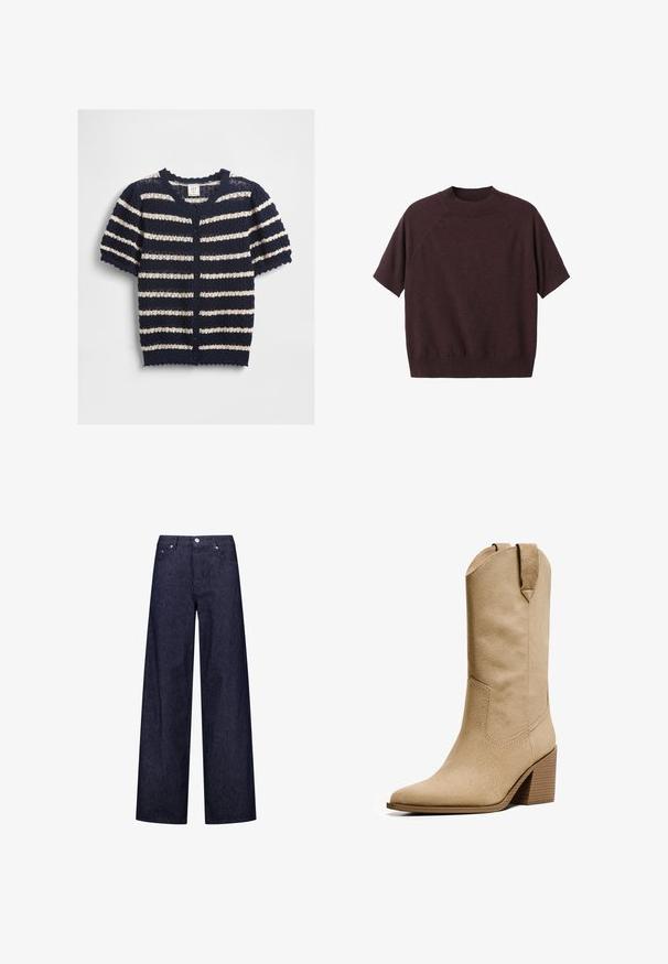 Navy and cream striped short-sleeve cardigan made of textured knit material, featuring a scalloped hem and button front closure.; Short-sleeve sweater in dark burgundy knit. Features a ribbed crew neck and relaxed fit, with raglan sleeves and a smooth texture.; Wide-leg denim trousers with a dark blue and white vertical striped pattern, featuring two front pockets and a classic button closure.; Bershka HIGH-HEEL - Cowboy/Biker boots - beige
