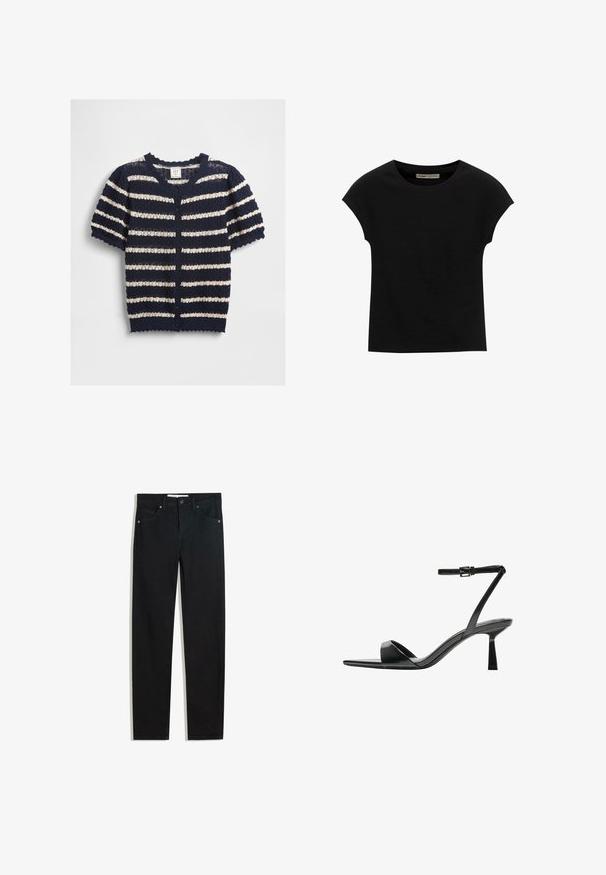 Námořnický a krémový pruhovaný kardigan s krátkým rukávem vyrobený z texturované pleteniny, se zakončením ve tvaru oblouku a zapínáním na knoflíky.; Černé tričko s krátkým rukávem vyrobené z měkké tkaniny, s kulatým výstřihem a volným střihem, s hladkým povrchem a bez vzorů.; Černé džínové kalhoty se střihem rovného nohavice, pěti kapsami, kovovým zapínáním a jemnými prošitými detaily. Hladká textura.; Bershka Sandály na vysokém podpatku - black