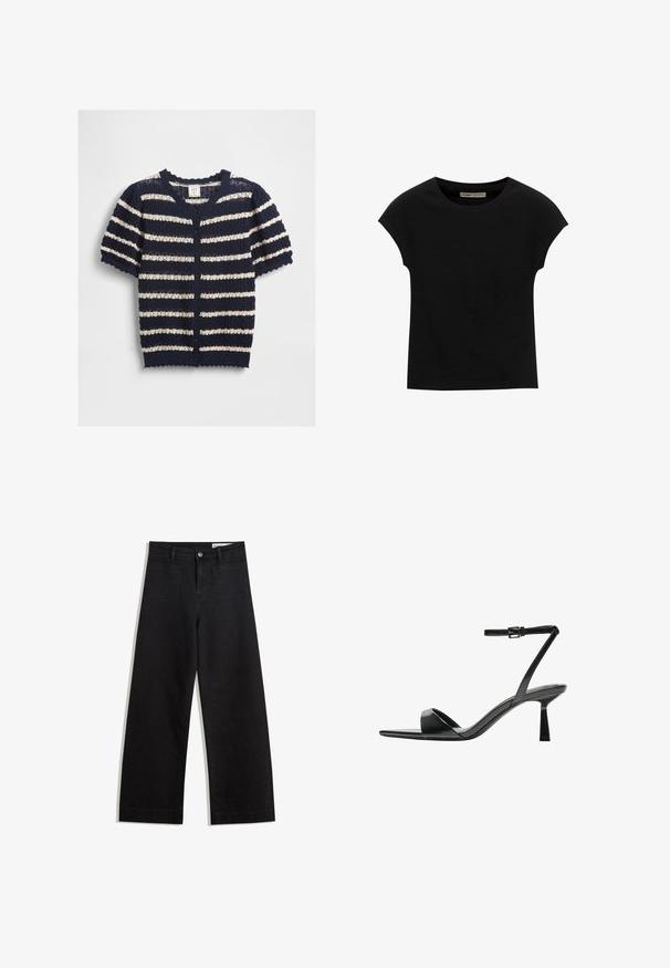 Cardigan a righe navy e crema con maniche corte realizzato in materiale a maglia testurizzato, con orlo scallop e chiusura frontale con bottoni.; T-shirt nera a maniche corte realizzata in tessuto morbido, con scollatura rotonda e vestibilità comoda, caratterizzata da una texture liscia e senza pattern.; Pantaloni in denim neri a gamba larga con vita alta, dotati di tasche anteriori e posteriori, cuciture a punto, e chiusura con bottone. Texture liscia.; Bershka Sandali con tacco - black