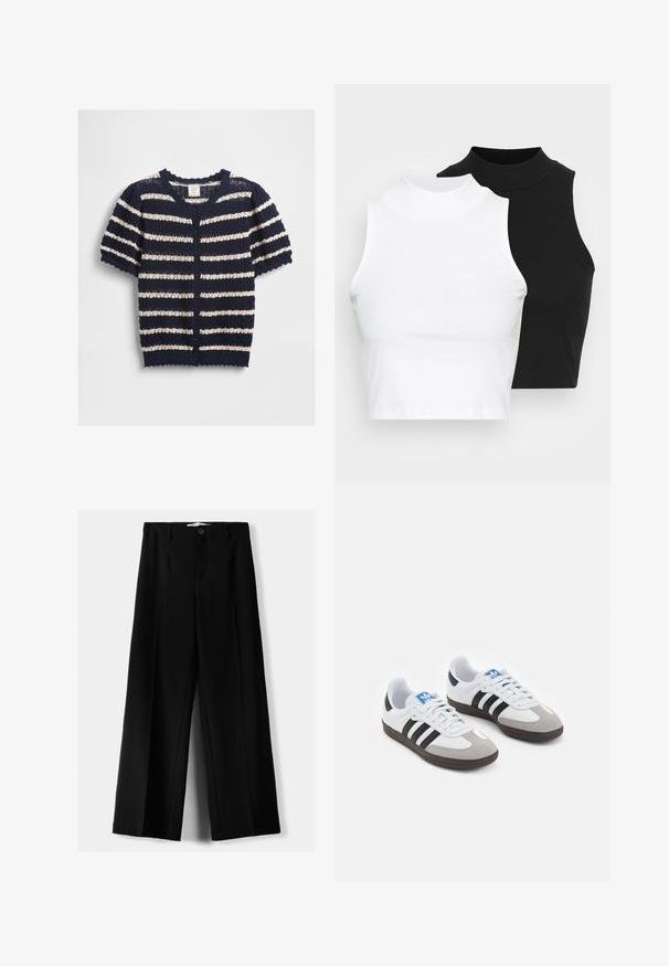Marinblå og cremefarvet stribet kortærmet cardigan lavet af tekstureret strikmateriale, med bølget kant og knaplukning foran.; To kjoleløse ribbede turtleneck-toppe i sort og hvid, med en tætsiddende design og glat tekstur, samt cropped længde.; Sorte brede bukser lavet af letvægtsstof, med frontknaplukning og glat front, samt pænt syede kanter.; Sportsko med en overdel i hvid læder, grå ruskind på tåen og tre sorte striber. Har et blåt logo på tungen og en struktureret gummisål.