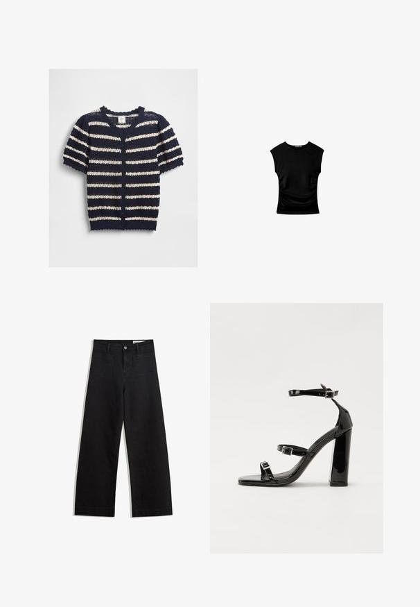Cardigan à rayures bleu marine et crème à manches courtes, fabriqué en matériau en tricot texturé, avec un ourlet en forme de coquille et une fermeture à boutons.; Haut noir à manches courtes avec une silhouette ajustée, présentant des détails froncés sur les côtés et un tissu lisse et extensible pour le confort.; Pantalon en denim noir à jambes larges avec une taille haute, comprenant des poches avant et arrière, des coutures piquées et une fermeture à bouton. Texture lisse.; Sandales à talons vernies noires avec un bout carré, des sangles autour de la cheville et des boucles en argent. Dotées d'un talon bloc épais pour plus de stabilité.