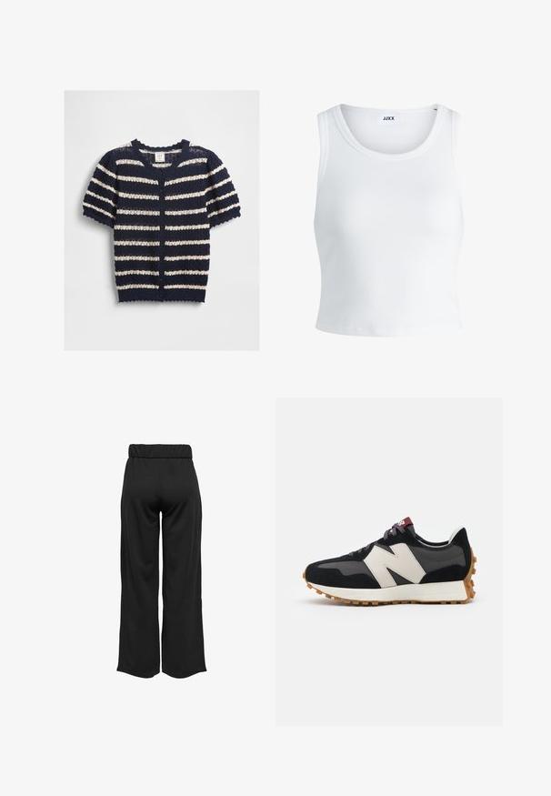 Cardigan a righe navy e crema con maniche corte realizzato in materiale a maglia testurizzato, con orlo scallop e chiusura frontale con bottoni.; Canottiera bianca a coste con scollatura rotonda, senza maniche e lunghezza cropped. Etichetta con la scritta "JJXX". Tessuto di texture liscia.; Pantaloni neri a gamba larga con cintura elastica, realizzati in tessuto liscio. Presentano un design pulito senza tasche o dettagli di cucitura visibili.; Sneaker in suede nero e grigio con un grande logo "N" color crema, lacci viola e una suola esterna in gomma gommosa texturizzata.