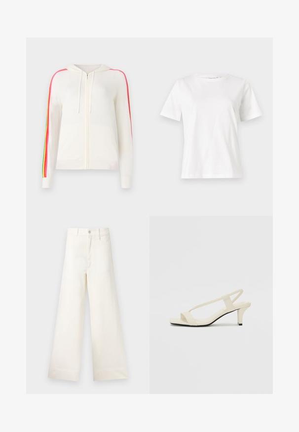 FROM FUTURE Kardiganas - ecru; Balta medvilninė marškinėliai trumpomis rankovėmis, su apvalia iškirpte ir laisvu siluetu. Lygi tekstūra, be raštų ar akcentų, minimalistinis dizainas.; Platus kojų kelnes šviesiai smėlio spalvos medvilnės. Aukšta juosmens linija, priekinės kišenės ir tiesus kirpimas. Švarus apvadas be raštų.; Kreminės blokų kulno šlepetės su plonomis dirželiais ir kvadratiniu pirštu. Lygus medžiaga su minimaliais akcentais, sukurtos lengvam dėvėjimui.