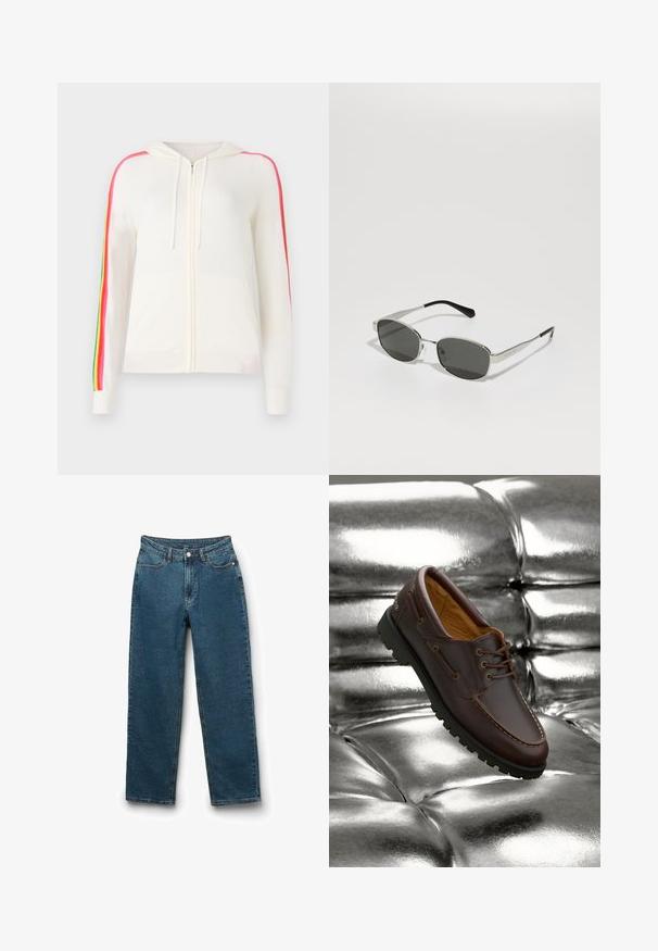 FROM FUTURE Cardigan - ecru; Camisola bianca senza maniche realizzata in un tessuto morbido, con spalline sottili e un design aderente con orlo diritto. Senza ulteriori decorazioni o accenti.; Jeans in denim blu scuro con design a gamba dritta, stile a cinque tasche, chiusura con bottone e dettagli di cucitura visibili.; Scarpa da barca in pelle marrone con suola in gomma nera appoggiata su una superficie argentata metallica lucida e trapuntata.; Occhiali da sole con lenti grigie, sottile montatura in metallo argento, dettagli trasparenti e punte nere sulle aste. Presentano una forma ovale.