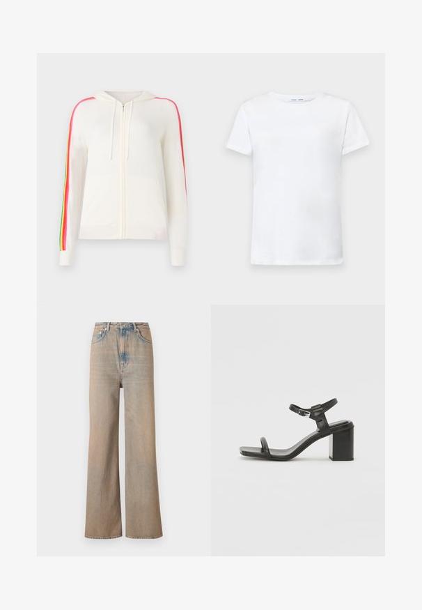 FROM FUTURE Adīta jaka - ecru; Balta īsām piedurknēm T-krekls, izgatavots no kokvilnas, ar apaļu kakla izgriezumu. Gluda tekstūra un taisna piegriezuma, bez rakstiem vai akcentiem.; Gaišas krāsas platās kājas džinsi ar augstu jostasvietu, izgatavoti no denima. Iezīmējas ar smalku šuvumu un piecām kabatām, ar nedaudz izbalējušu tekstūru.; Melna ādas blokveida papēža sandle ar platu joslu pāri pirkstiem un regulējamu potītes siksniņu, ar elegantu, minimālistisku dizainu.