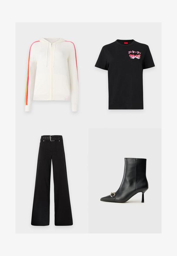 FROM FUTURE Kardigán - ecru; Fekete pamut póló rövid ujjal, amelyen a bal mellrészen egy rózsaszín napszemüveg grafika és a "Not Your Girl" felirat látható.; Fekete, bő szárú nadrág, pamutból készült, magas derékkal, nagy oldalsó zsebekkel és ezüst színű hardverelemekkel ellátott övvel.; Fekete bőr bokacsizma hegyes orral, vékony közép magasságú sarokkal és ezüst csattal az oldalon, sima háttér előtt.