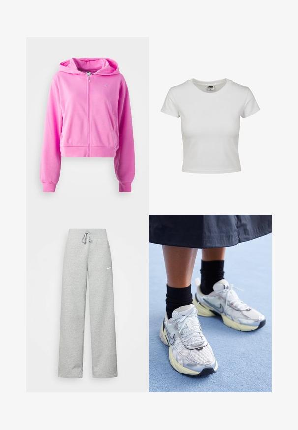 Felpa corta rosa con zip frontale, cappuccio e polsini elasticizzati. Presenta un piccolo logo bianco sul petto e una texture di tessuto morbida.; T-shirt bianca in cotone con collo rotondo classico, maniche corte e forma aderente. Nessun motivo o dettaglio visibile.; Pantaloni tuta grigi con vita elastica, dettaglio con cordino e piccolo logo Nike bianco sulla coscia sinistra. Tessuto morbido, vestibilità ampia.; Nike sneakers bianchi e argento con tessuto in rete, dettagli riflettenti e suola beige. Indossati con calze nere, in piedi su una superficie blu.