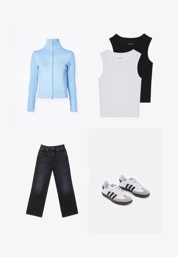 Vaaleansininen vetoketjullinen villapaita, jossa on korkea kaulus, ribatoitu rakenne hihoissa ja helmassa sekä sileä vartalosegmentti. Varustettu hopeisella vetoketjulla.; Kaksi hihattomaa toppia mustana ja valkoisena, valmistettu ribbikankaasta, jossa on pyöreät kaula-aukot ja tiukka muotoilu. Tunnisteet näkyvät molemmissa.; Korkeavyötäröiset mustat farkut, joissa on leveä lahje, viisi taskua ja näkyvät tikkaukset. Kangas on sileä, hieman teksturoitu pinnaltaan.; Urheilukengät, joissa on valkoinen nahkainen päällinen, harmaa mokkanokka ja kolme mustaa raitaa. Ominaisuuksina sininen logo kielekkeessä ja kuvioitu kumipohja.