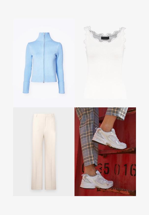 Light blue zip-up sweater with a high collar, ribbed texture on sleeves and hem, and a smooth body section. Features a silver zipper closure.; White ribbed tank top with lace trim on the neckline and sleeves. Features a soft texture and fitted shape. Brand label visible inside.; Beige tailored trousers with a straight-leg design, made from lightweight fabric. Features front pleats and a classic waistband.; White mesh sneakers with silver accents and a textured sole, positioned on a red surface, paired with plaid trousers.