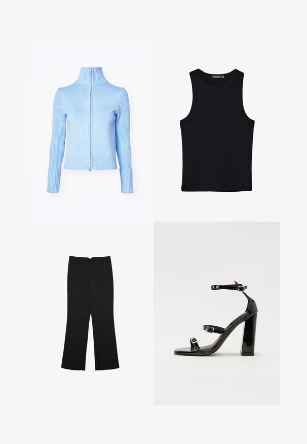 Hellblaues Zip-Top mit hohem Kragen, geripptem Muster an Ärmeln und Saum sowie einem glatten Körperbereich. Verfügt über einen silbernen Reißverschluss.; Schwarzes Tanktop aus Baumwolle mit rundem Halsausschnitt und weiten Armöffnungen. Glatte Textur mit genähten Säumen. Klassisches, minimalistisches Design.; Schwarze Hose mit geradem Schnitt, ausgestattet mit Fronttaschen und Seitenschlitzen am Saum. Hergestellt aus weichem, glattem Stoff. Geeignet für verschiedene Anlässe.; Schwarze Lackleder-Sandalen mit hohen Absätzen, zwei Riemen mit Schnallen, quadratischer Zehenpartie und klobigem Blockabsatz, mit einer glatten, glänzenden Textur.
