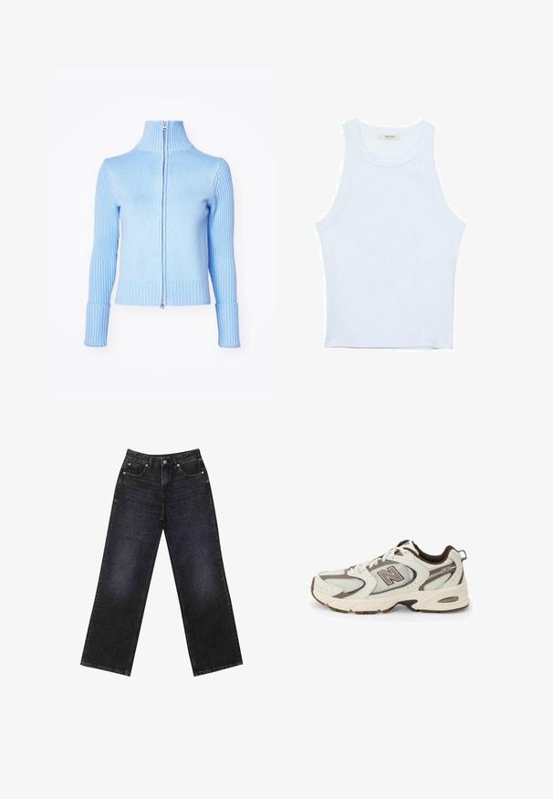 Light blue zip-up sweater with a high collar, ribbed texture on sleeves and hem, and a smooth body section. Features a silver zipper closure.; White tank top, ribbed texture, round neckline, sleeveless design, fitted shape, subtle branding on the label inside the collar area.; High-waisted black denim jeans with a wide-leg cut, five-pocket design, and visible stitching. Fabric has a smooth, slightly textured finish.; White and brown athletic shoe with mesh upper, curved design, cushioned sole, and "N" logo on the side. Durable rubber outsole.