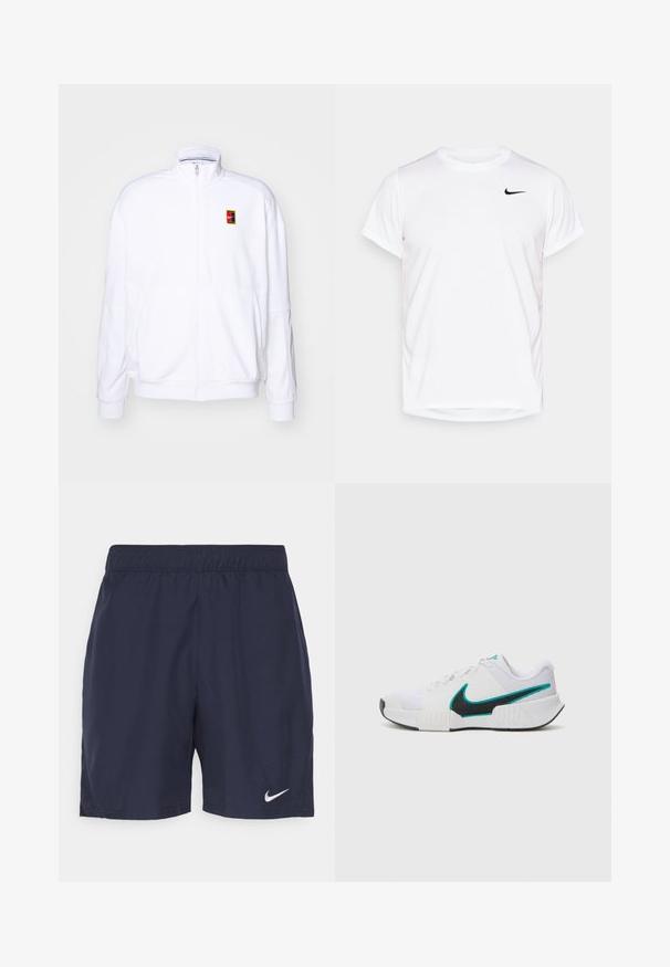 Valkoinen vetoketjullinen huppari, joka on valmistettu pehmeästä kankaasta ja siinä on korkea kaulus sekä pieni monivärinen Nike-logo vasemmassa rinnassa.; Valkoinen lyhythihainen Nike-paita, joka on valmistettu sileästä synteettisestä materiaalista. Paidassa on musta logo vasemmalla puolella rintaa.; Merelliset siniset urheilushortsit, jotka on valmistettu kevyestä kankaasta. Niissä on joustava vyötärö ja pieni valkoinen Nike-logo vasemmassa lahkeessa.; Valkoinen urheilukenkä, jossa on teksturoidusta verkkokankaasta valmistettu päällinen, musta kumipohja ja teal-värinen Nike-swoosh-korostus. Varustettu nauhoilla ja pehmustetulla nilkkapannalla.
