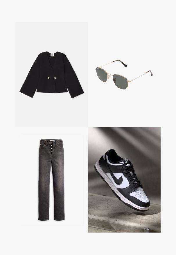 Jachetă neagră cu două rânduri de nasturi, cu decolteu în V, mâneci largi și două nasturi aurii. Confectionată dintr-un material texturat, are un croi scurt.; Bluză neagră cu mâneci lungi, din material moale, cu decolteu în V, lungime scurtă și un nod legat pe lateral pentru închidere.; Jeans negri cu talie înaltă și design cu picior drept, realizati din denim. Include un sistem de prindere cu nasturi, accente din cupru și cusături contrastante.; Pantofii Nike Dunk Low în alb și negru, cu partea superioară din piele, cutie a degetelor perforată și șireturi negre, având o talpă albă și accente cu logo.; Ochelari de soare cu ramă din metal auriu și lentile de culoare verde închis, stil aviator, cu brațe subțiri și accente din fâscă pe vârfuri.; Tote bag neagră cu un model geometric, realizată dintr-un material texturat. Prezintă mânere robuste și un etichetă, având o formă structurată.