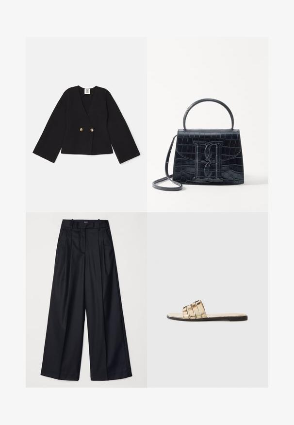 Črn dvoredni sakov s V-izrezom, širokimi rokavi in dvema zlatima gumboma. Narejen iz teksturirane tkanine, ima skrajšan rob.; Črna rebrasta majica s kratkimi rokavi in okroglo ovratnikom. Mehka tkanina s prilegnjenim krojem, ki ima etiketo na vratu.; Črne široke hlače iz gladkega blaga, z visokim pasom, naborki in prirejenim dizajnom. Preprosta črna strojna oprema na pasu.; Zlate sandale z drsniki s tremi vodoravnimi trakovi. Ravno soles in gladka tekstura materiala, z odprtimi prsti.; Črna ročno vsebovana torbica iz usnja z reliéfom krokodila, z oblikovanim dizajnom, zgornjo ročajem, prilagodljivo zanko in izstopajočim logotipom spredaj.