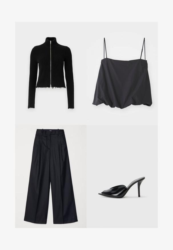 Melnas ribotās apgrieztās jaku ar augstu apkakli un priekšējo rāvējslēdzēju. Iespējas ar nodilušu apakšmalu un garām piedurknēm, izgatavota no teksturēta adījuma materiāla.; Melnas bez piedurknēm blūze ar plānām siksniņām, brīva piegriezuma un savilkta apakšmala. Izgatavota no viegla auduma ar gludu tekstūru.; Melnas platas kājas bikses no gludas auduma, ar augstu jostasvietu, krokām un pielāgotu dizainu. Vienkārša melna aparatūra jostasvietā.; Melnas ādas augstpapēžu mūlas ar atvērtu purngalu, vērptu dizainu, gludu tekstūru un šauru stilletu papēdi.