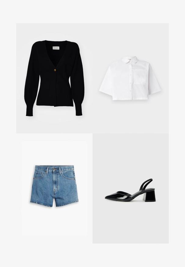 Black knitted cardigan with a deep V-neck, single button closure, and puffed long sleeves, featuring a ribbed texture and fitted silhouette.; White cropped shirt made of cotton, featuring a button-up front, a classic collar, and a single chest pocket with short sleeves.; Denim shorts in light blue, featuring five pockets, a zip fly, and a button closure. The hem is frayed with a relaxed fit design.; Black patent leather slingback heels with a pointed toe and a geometric block heel. Features a sleek, minimal design and smooth texture.