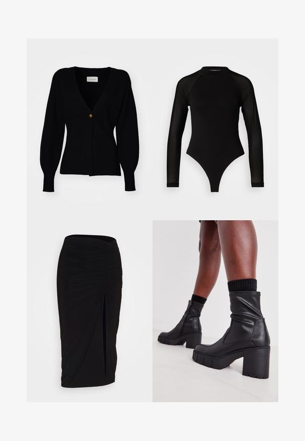 Černý pletený kardigan s hlubokým V-výstřihem, jedním knoflíkovým zapínáním a nabíranými dlouhými rukávy, s jemně vroubkovanou texturou a přiléhavým střihem.; Černý body s dlouhým rukávem a vysokým límcem, s pevným materiálem na trupu a průhlednými síťovanými rukávy, navržený v přiléhavém střihu.; Černá, řasená tužková sukně s detailem na zavazování a bočním rozparkem. Vyrobena z elastického materiálu s hladkou texturou a přiléhavým střihem.; Černé kožené kotníkové boty s uvolněným designem, robustním vysokým podpatkem a texturovanou gumovou podrážkou. Obsahují zip na boku.