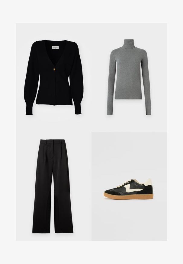 Zwarte gebreide cardigan met een diepe V-hals, enkele knoopsluiting en gepofte lange mouwen, met een ribbeltextuur en aansluitende silhouet.; Grijze coltrui gemaakt van gladde, rekbare stof. Lange mouwen, aansluitend ontwerp, minimale textuur, zonder zichtbare patronen of hardware.; Zwarte wijde broek met een soepele textuur, voorzien van voorplooien, een platte tailleband en riemlussen. Eenvoudig, op maat gemaakt ontwerp.; Zwarte suède en leren sneaker met een crèmekleurige zij-swoosh en lichte crèmekleurige hiel. Voorzien van beige veters en een gumrubberen zool.