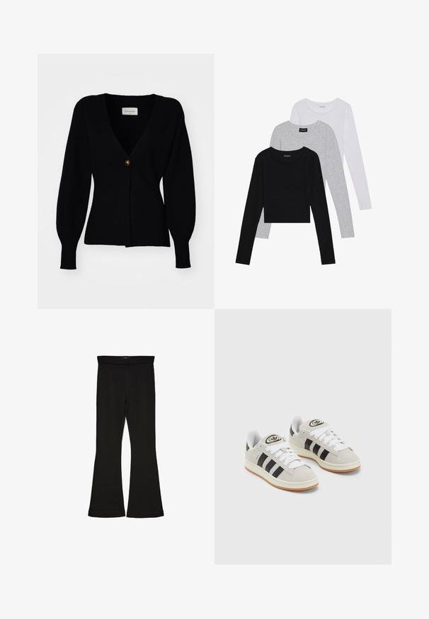 Czarny sweter z dzianiny z głębokim dekoltem w kształcie litery V, pojedynczym zapięciem na guzik i bufiastymi długimi rękawami, z prążkowaną fakturą i dopasowanym krojem.; Trzy bluzki z długim rękawem ułożone jedna na drugiej: czarna, szara i biała. Każda z okrągłym dekoltem i skróconym fasonem, wykonana z gładkiego, lekkiego materiału.; Czarne legginsy w stylu dzwonów wykonane z elastycznej tkaniny. Posiadają szeroki pas i gładką teksturę, z dopasowanym krojem, który rozszerza się ku dołowi.; Szare zamszowe trampki z białymi sznurówkami, czarnymi paskami i białą gumową podeszwą. Posiadają okrągłe logo na języku oraz gumową podeszwę.