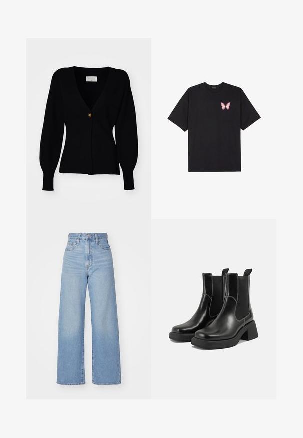 Cardigan negru tricotat cu decolteu adânc în formă de V, închidere cu un singur buton și mâneci lungi bufante, având o textură cu nervuri și o siluetă ajustată.; Tricou negru din bumbac cu mâneci scurte, având pe partea stângă a pieptului un mic grafic cu un fluture roz. Design cu guler rotund și croială lejeră.; Jeans cu talie înaltă, de culoare albastru deschis, cu croială largă, dotate cu nasture și fermoar la față, buzunare în față și spate, pe un fundal alb.; Botine Chelsea din piele neagră, cu toc masiv, panouri laterale elastice și cusături albe contrastante. Finisaj texturat.
