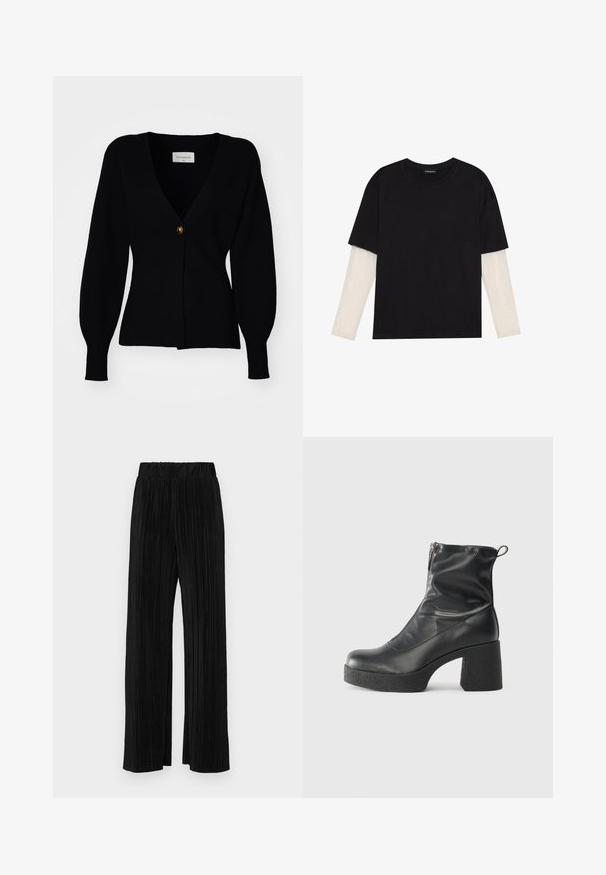 Black knitted cardigan with a deep V-neck, single button closure, and puffed long sleeves, featuring a ribbed texture and fitted silhouette.; Black T-shirt made of cotton, featuring short sleeves over a white long-sleeve layer with a subtle textured pattern. Crew neckline design.; Black pleated trousers with an elastic waistband. Features wide legs and a smooth, textured fabric with vertical stripes.; Black ankle boots made of smooth leather, featuring a side zipper, chunky textured heel, and rounded toe design.