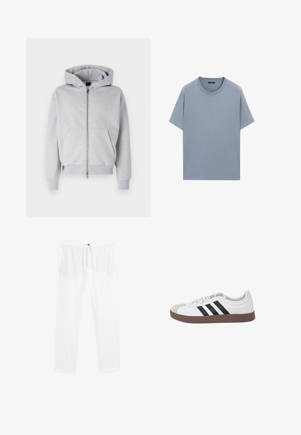 Felpa grigia con zip anteriore, tasche a marsupio e cappuccio regolabile con cordino. Realizzata in tessuto morbido, presenta polsini e fondo a coste.; T-shirt in cotone azzurro chiaro con collo rotondo, maniche corte e vestibilità rilassata; texture liscia senza motivi o dettagli visibili.; Pantaloni in lino leggeri e bianchi con cintura elastica e cordoncino. Design a gamba dritta con tasche laterali. Texture liscia.; Sneaker bianco con punta in suede grigia, design a tre strisce nere e suola in gomma marrone. Presenta chiusura con lacci e colletto imbottito.