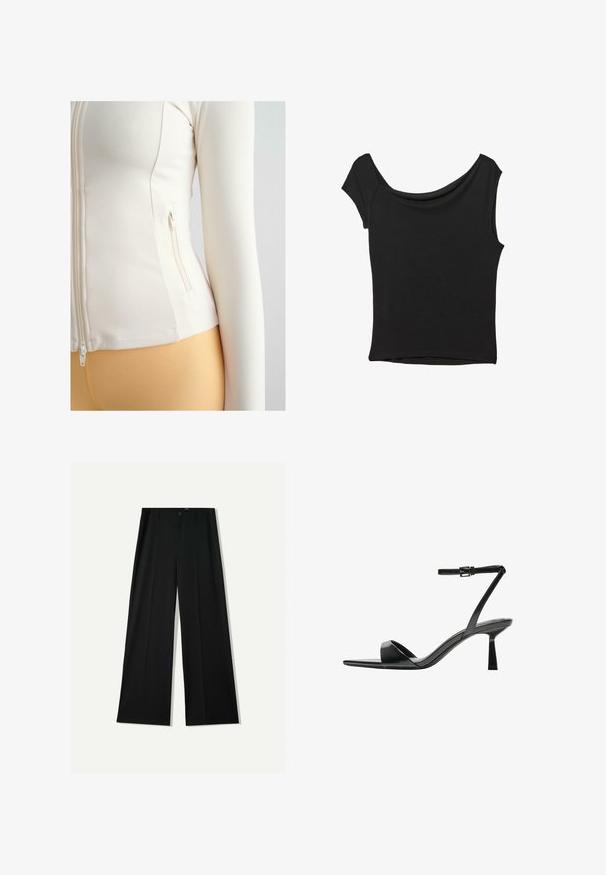 Biela priliehavá bundá na zips vyrobená z mäkkého a elastického materiálu. Obsahuje bočnú kapsu so zipsom a dlhé rukávy.; Čierny krátky rukáv top vyrobený z hladkej tkaniny; má prehnutý výstrih a asymetrický lem, s priliehavým telom.; Bershka WIDE - Nohavice - black; Bershka Sandále na vysokom opätku - black