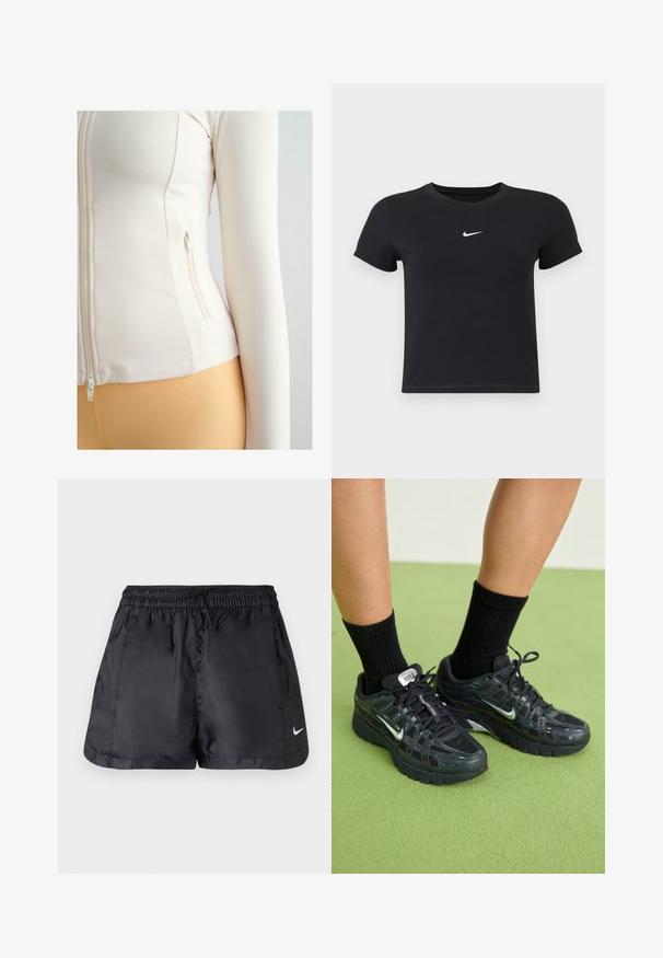 Bílá přiléhavá bunda na zip vyrobená z měkkého, elastického materiálu. Obsahuje boční kapsu na zip a dlouhé rukávy.; Černé tričko s krátkým rukávem vyrobené z bavlny s kulatým výstřihem. Na hrudi se nachází bílé logo Nike, minimalistický design a přiléhavý střih.; Černé sportovní šortky vyrobené z lehké, hladké textilie. Mají elastický pas, šnůrku na stažení a malé bílé logo v pravém dolním rohu.; Černé tenisky Nike s prodyšnou síťovinou a syntetickými překryvy, s reflexními prvky, polstrovanou podrážkou a černými žebrovanými ponožkami.