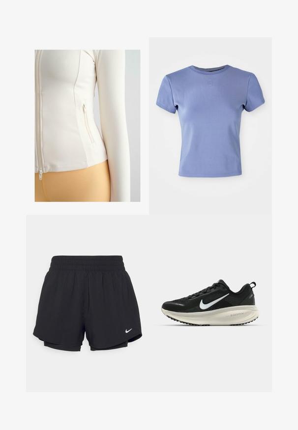 Hvid tætsiddende zip-jakke lavet af blødt, strækbart materiale. Har en sidelomme med lynlåslukning og lange ærmer.; Lyserød fitted t-shirt lavet af ribbet stof, med rund halsudskæring og korte ærmer. Indeholder en lille logoaccent på brystet.; Sorte atletiske shorts med en samlet elastisk talje, indvendig foring og hvidt Nike-logo nederst til venstre. Glat, letvægtsstof.; Sort Nike løbesko med åndbart mesh-overdel, hvidt swoosh-logo, tekstureret detaljering og en cremede ZoomX mellemsål.
