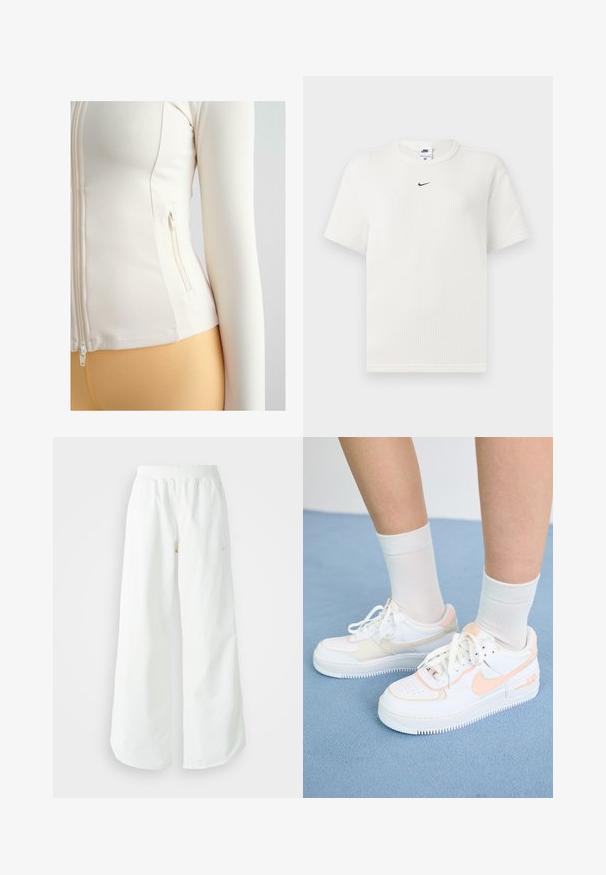 White fitted zip-up jacket made of soft, stretchy material. Features a side pocket with a zip closure and long sleeves.; White ribbed t-shirt with a round neckline and short sleeves. Features a small black Nike logo on the chest. Textured fabric with a fitted shape.; White wide-leg athletic pants with a ribbed waistband and subtle logo detail. Smooth fabric with a relaxed fit and tapered hem.; White sneakers with peach accents, smooth leather upper, perforated toe, textured sole, and laces. Worn with white crew socks on a blue surface.