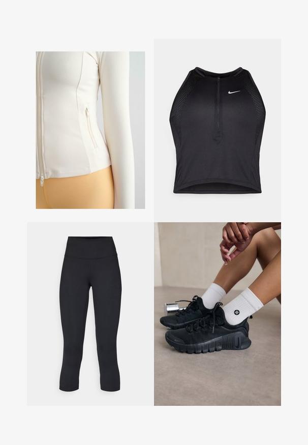 Giacca bianca aderente con zip, realizzata in materiale morbido e elasticizzato. Presenta una tasca laterale con chiusura a zip e maniche lunghe.; Top corto atletico nero con zip frontale, dettagli in rete e un design aderente. Realizzato in tessuto elasticizzato e traspirante. Logo Nike sul davanti.; Leggings cropped neri realizzati in tessuto elasticizzato, con vita alta e texture liscia, senza motivi o componenti visibili.; Scarpe da ginnastica nere con tessuto texturizzato, design con lacci e suola prominente, abbinate a calze bianche a coste con un piccolo logo.