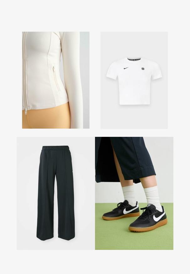 Weißer, enganliegender Reißverschlussjacke aus weichem, dehnbarem Material. Verfügt über eine seitliche Tasche mit Reißverschluss und lange Ärmel.; Weißes Kurzarm-T-Shirt mit Rundhalsausschnitt, schwarzem Nike-Logo auf der linken Brust und einem grafischen Etikett im Kragen.; Schwarze, weit geschnittene Sporthosen mit elastischem Bund. Hergestellt aus glattem, dehnbarem Stoff, mit subtilen Vordernähten und ohne Taschen.; Schwarze Leder- und synthetische Sneakers mit weißem Nike-Swoosh, Gummisohle, runder Spitze und schwarzen Schnürsenkeln. Gestreifte weiße Socken sind sichtbar.