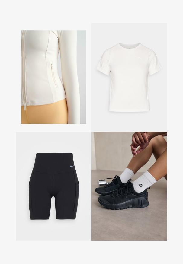 Baltas, prigludęs, užtrauktuku užsegamas džemperis, pagamintas iš minkštos, tamprios medžiagos. Yra šoninis kišenė su užtrauktuku ir ilgos rankovės.; Lengvas baltas marškinėliai trumpomis rankovėmis, apvaliu kaklu ir maža logo viršutiniame kairiajame kampe. Lygus audinys su subtiliu blizgesiu.; Aukštos juosmens juodos sportinės šortai, pagaminti iš tamprios medžiagos. Yra šoninės kišenės ir mažas šviesiai mėlynas logotipas ant juosmens.; Juodi sportiniai bateliai su tekstūruota medžiaga, raištelių dizainu ir ryškiu padu, derinami su baltais raukšlėtais kojiniais, turinčiais mažą logotipą.