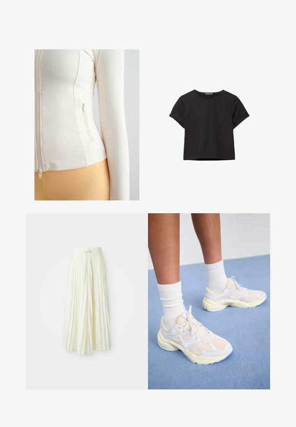 Bílá přiléhavá bunda na zip vyrobená z měkkého, elastického materiálu. Obsahuje boční kapsu na zip a dlouhé rukávy.; Černý krátký rukávový crop top z měkké látky, s kulatým výstřihem a volnějším střihem s rovnou spodní částí.; Plisovaná midi sukně ze světlého žlutého materiálu, vybavená elastickým pasem se zavazováním, hladkou texturou a svislými pruhy pro přidaný detail.; Elegantní sportovní boty ve světle žluté a bílé barvě, vyrobené z jemné síťoviny a syntetických materiálů, s zaobleným tvarem a texturovanou podrážkou.