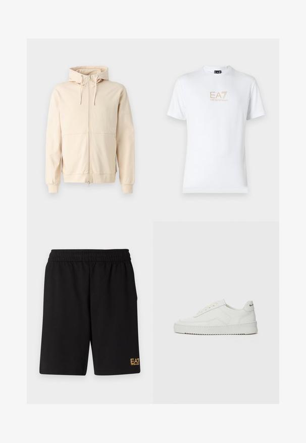 EA7 Emporio Armani Felpa con zip - whitecap gray; T-shirt bianco in cotone con scollatura rotonda e maniche corte, con il logo oro EA7 Emporio Armani stampato sul fronte.; Pantaloni sportivi neri realizzati in tessuto morbido, con vita elastica e un piccolo logo EA7 giallo sulla parte bassa della gamba sinistra.; Sneaker in pelle bianca con una finitura liscia, punta rotonda, lacci piatti e suola testurizzata. Presenta un logo discreto sul tallone.