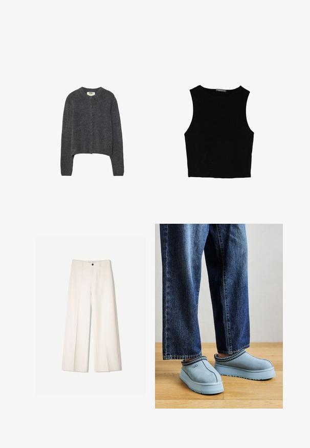 Temno sivi kardigan iz strukturiranega pletenega materiala, z okroglim izrezom, dolgimi rokavi in šestimi gumbi na sprednji strani.; Črn brez rokavov crop top, izdelan iz gladkega materiala, z okroglim izrezom in čistim, preprostim dizajnom brez vzorcev ali dodatkov.; Kremne široke hlače s krojem, ki vključujejo dve sprednji žepi in en sprednji gumb za zapiranje, izdelane iz gladkega blaga.; Modri semiš natikači UGG z debelimi podplati, oblečeni z modrimi kavbojkami na leseni tla pred enostavno ozadje.