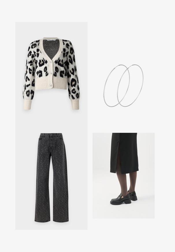 ONLY ONLSARA GLITTER - Kardigan - pumice stone/black/gold glitter; Musternahkade pikkade varrukatega must bodi, millel on läbipaistev V-kujuline kaelus ja korraldatud õlavarre detail. Sile kangas, millel on vormiv kujundus.; Noisy May NMJANNEL LOOSE - Avar lõikega teksad - black denim; Mustad mustad jalatsid ümmarguse varbaga, paksu plokkniidi ja elastsete külgdetailidega, kombineeritud tumedate sukkade ja musta lõhikuga seelikuga.; Hõbedased rõngastikkaehingad minimalistlikus disainis. Ümar kuju, sile tekstuur ja õhuke profiil. Kerged ning poleeritud viimistlusega.