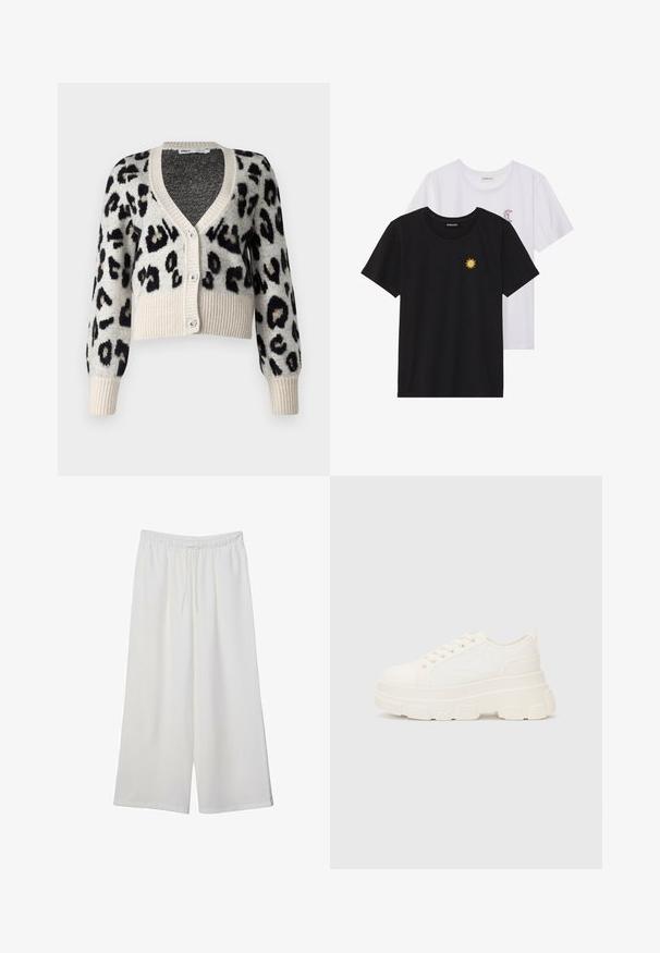 ONLY ONLSARA GLITTER - Cardigan - pumice stone/black/gold glitter; T-shirt in bianco e nero, girocollo, maniche corte. La maglietta nera presenta un ricamo di sole giallo; quella bianca ha un accento di luna crescente viola.; Pantaloni bianchi a gamba larga realizzati in tessuto leggero, dotati di una vita elastica e di un cordino per una vestibilità regolabile. Texture liscia.; Sneaker bianca in tela con suola spessa, punta arrotondata e cinque occhielli per i lacci. Linguetta sul retro per una facile calzata. Texture liscia, design minimalista.