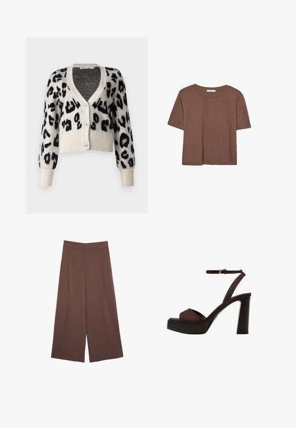 ONLY ONLSARA GLITTER - Jopica - pumice stone/black/gold glitter; Rjava kratka majica s kratkimi rokavi iz mehkega materiala, s krožnim izrezom in ohlapnim krojem. Brez vidnih vzorcev ali dodatkov.; Rjave široke hlače z gladko teksturo, ki imajo visok pas in sprednje naborke. Tkanina je lahka in prosto pada.; Rjave semiš sandale z visoko peto, odprto spredaj, z nastavljivim gležnjenjem in črtastim podplatom.