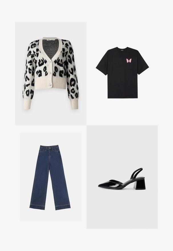 ONLY ONLSARA GLITTER - Vest - pumice stone/black/gold glitter; Zwarte katoenen t-shirt met korte mouwen, voorzien van een kleine roze vlinder graphic op de linkerkant van de borst. Crew neck ontwerp met een relaxte fit.; Wide-leg jeans in donkerblauwe denim. Voorzien van vijf zakken, riemlussen en een rauwe zoom onderaan met zichtbare stikseldetails.; Zwarte gepatineerde leren slingback hakken met een spitse neus en een geometrische blokhak. Kenmerkt zich door een slank, minimalistisch ontwerp en een gladde textuur.