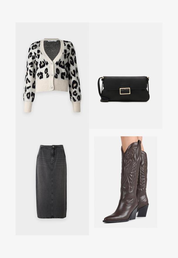 ONLY ONLSARA GLITTER - Cardigan - pumice stone/black/gold glitter; White sleeveless tank top made of ribbed fabric, featuring a rounded neckline and a fitted silhouette, with minimal seams and no embellishments.; Black denim midi skirt with a straight cut, front button closure, and side pockets. Features a smooth texture and subtle fading.; Brown leather cowboy boots with pointed toe and block heel, featuring detailed stitching and raised accents on the shaft.; Black leather clutch bag with a flap and a gold metal buckle detail. Includes a black strap and a sleek, minimalist design.