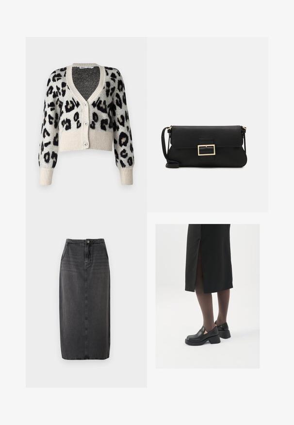 ONLY ONLSARA GLITTER - Cardigan - pumice stone/black/gold glitter; White sleeveless tank top made of ribbed fabric, featuring a rounded neckline and a fitted silhouette, with minimal seams and no embellishments.; Black denim midi skirt with a straight cut, front button closure, and side pockets. Features a smooth texture and subtle fading.; Black leather shoes with a rounded toe, thick block heel, and elastic side accents, paired with dark tights and a black skirt with a slit.; Black leather clutch bag with a flap and a gold metal buckle detail. Includes a black strap and a sleek, minimalist design.