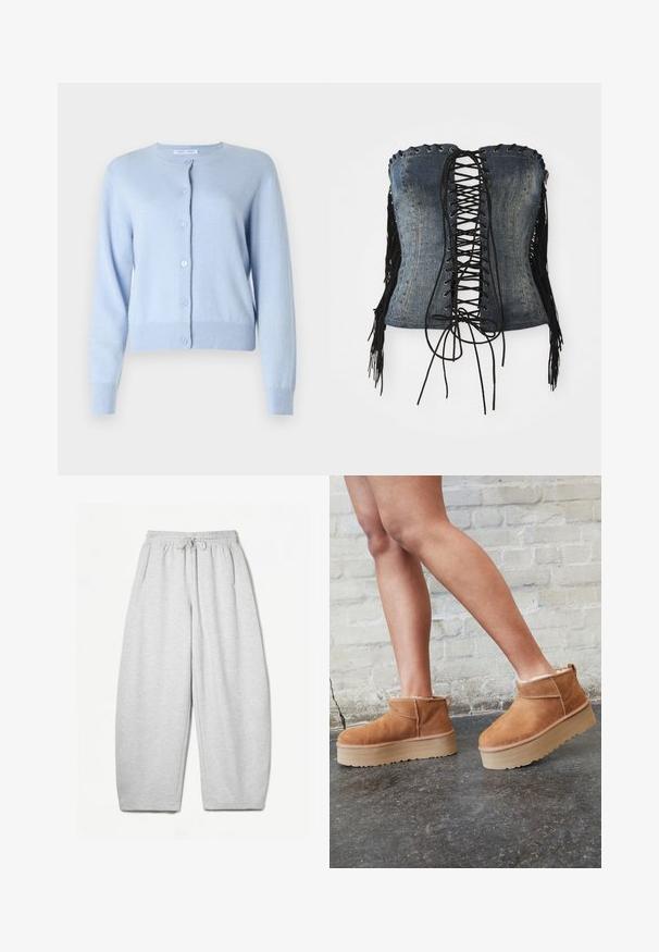 Svetlo modra jopica iz mehkega materiala, z okrogelim izrezom, sprednjimi gumbi, dolgimi rokavi ter rebrastimi manšetami in robom.; Denim korzet brez naramnic z obrobljenim črnim vezanjem spredaj, srebrnimi okroglimi očesi in črnimi frinžasti akcenti ob straneh. Ponuja strukturiran kroj in uničen videz.; Svijetlo sivi duksericasti donji dio s opuštenim krojem, elastičnim pojasom, vezicama i bočnim džepovima; izrađen od mekanog, teksturiranog materijala.; Rjavi semiš škornji do gležnjev s puhastim podlogo, debelim bež platformnim podplatom in zanko na zadnji strani. Teksturirana površina z vidnimi šivi.