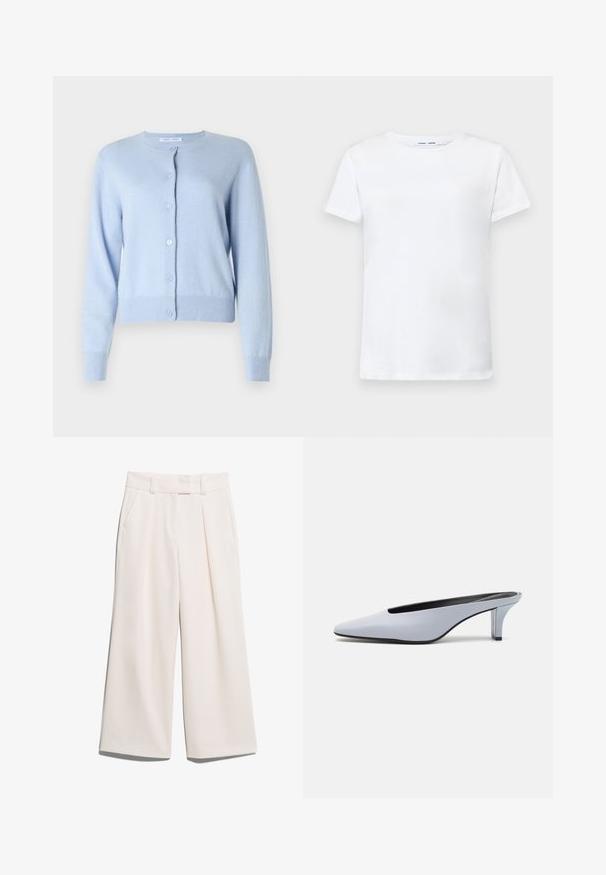 Šviesiai mėlynas megztinis, pagamintas iš minkštos medžiagos, su apvaliu kaklu, priekiniais mygtukais, ilgomis rankovėmis ir megztomis rankovėmis bei apačia.; Balta trumpa medvilninė marškinėlių su apvalia iškirpte. Lygus paviršius ir tiesus kirpimas, be raštų ar akcentų.; Platūs kelnės šviesiai kreminės spalvos, pagamintos iš glotnaus audinio, su dviem priekinių kišenių ir matoma siūlėmis ant juosmens.; Šviesiai mėlynos patentinės odos mules su smailiu priekiu, žemu permatomu kulnu ir stilingu dizainu, turinčiu išpjovą priekyje.