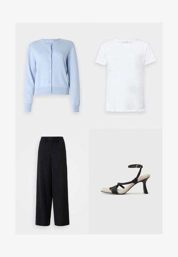 Ljusblå cardigan i mjukt tyg, med rund hals, framknappar, långa ärmar och ribbad mudd och nederkant.; Vit kortärmad t-shirt i bomull med rundad halsringning. Slät textur och rak skärning, utan mönster eller detaljer.; Svarta vida byxor i ett slätt tyg, med en platt framsida, veckade detaljer och bältesöglor i midjan.; Svart klacksandaler med flätad remdesign, fyrkantig tå och justerbar vristrem. Ljusbeige fotbädd med glansig svart klack.