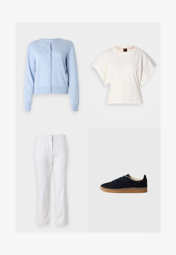 Cardigan azul claro feito de tecido suave, com gola redonda, botões frontais, mangas longas e punhos e bainha canelados.; T-shirt branco cropped, mangas curtas e largas, material de algodão suave, decote redondo com um discreto acabamento laranja, design minimalista, sem padrões ou gráficos.; Calças de algodão brancas com um design de perna reta, apresentando uma cintura de altura média e sem hardware ou padrões visíveis. Textura suave por toda a peça.; Tênis de camurça azul-marinho com sola de borracha cor de goma, atacadores azuis e design minimalista. Apresenta logótipo em relevo na lateral e forro interior liso.